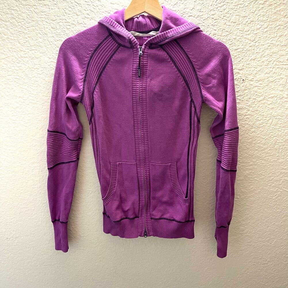 Athleta Pranayama Hoodie Purple Organic Cotton Full Zip Ribbed Jacket S Active - Picture 2 of 8